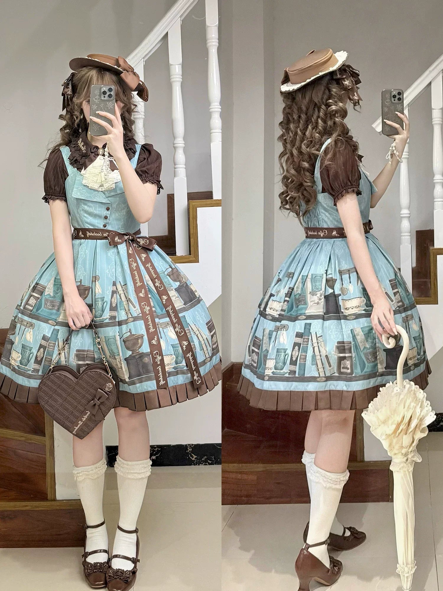 Coffee Bookshelf - Classic Lolita JSK and SK Set, Coffee Cup and Book Print - image 25