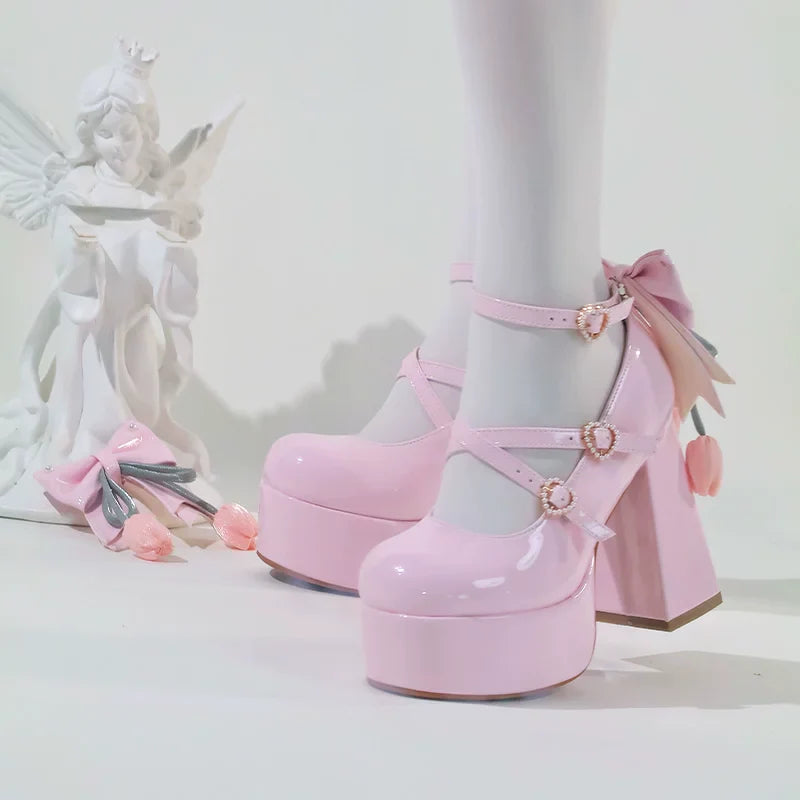 Whispering Tulip - Classic Lolita Heel Shoes with Detachable Bows - image 8