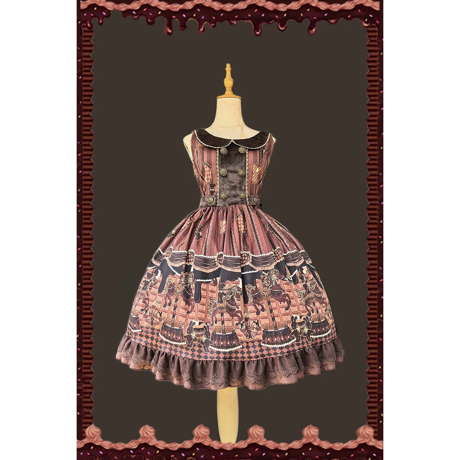 Chocolate Carousel - Peter Pan Collar Old School Lolita JSK Dress, Carousel Print and Accessories - image 3