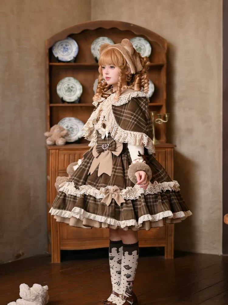 Choco Chestnut - Plaid Kawaii Lolita JSK Dress, Peter Pan Collar Cape - image 11