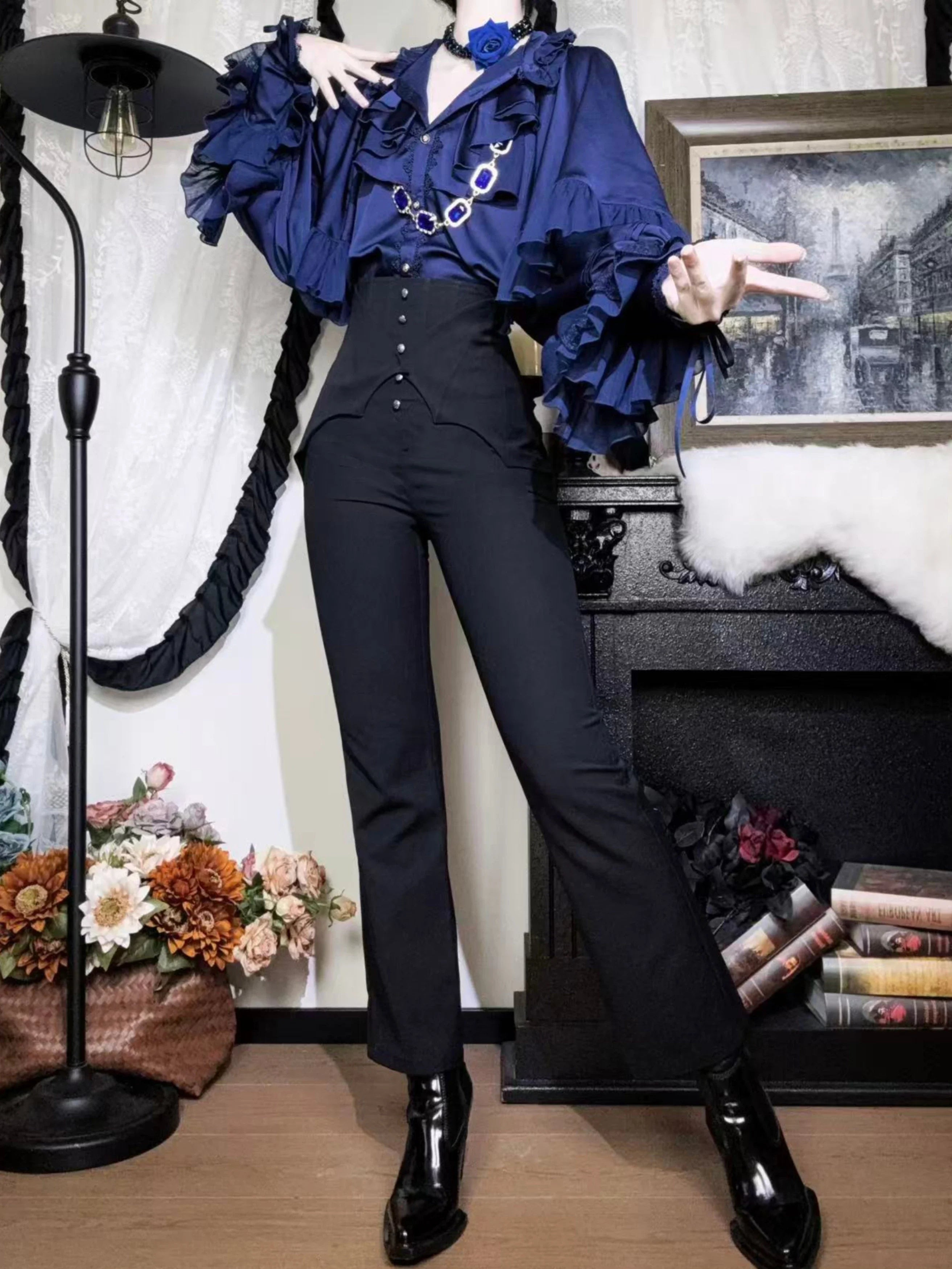 Earl of Drooping Wings - Ouji Lolita Flared Pants, Batwing Decoration - image 11