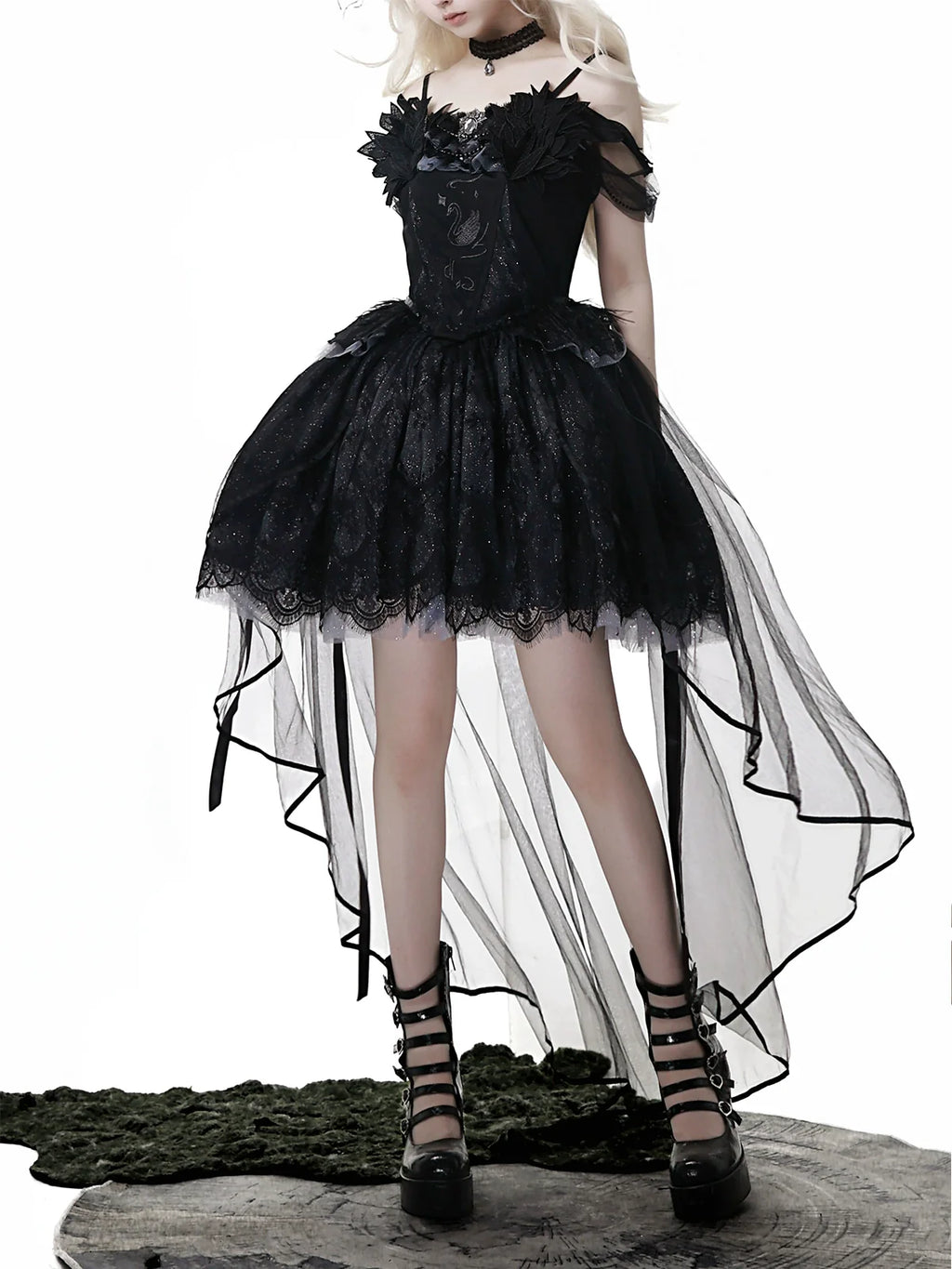 Star Swan Dream - Black Gothic Lolita JSK Dress, Swan Embroidery - image 15