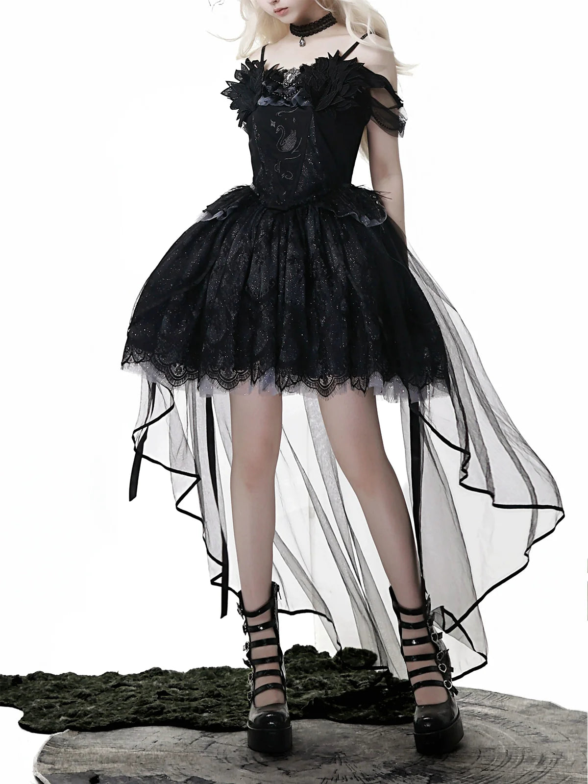 Star Swan Dream - Black Gothic Lolita JSK Dress, Swan Embroidery - image 15