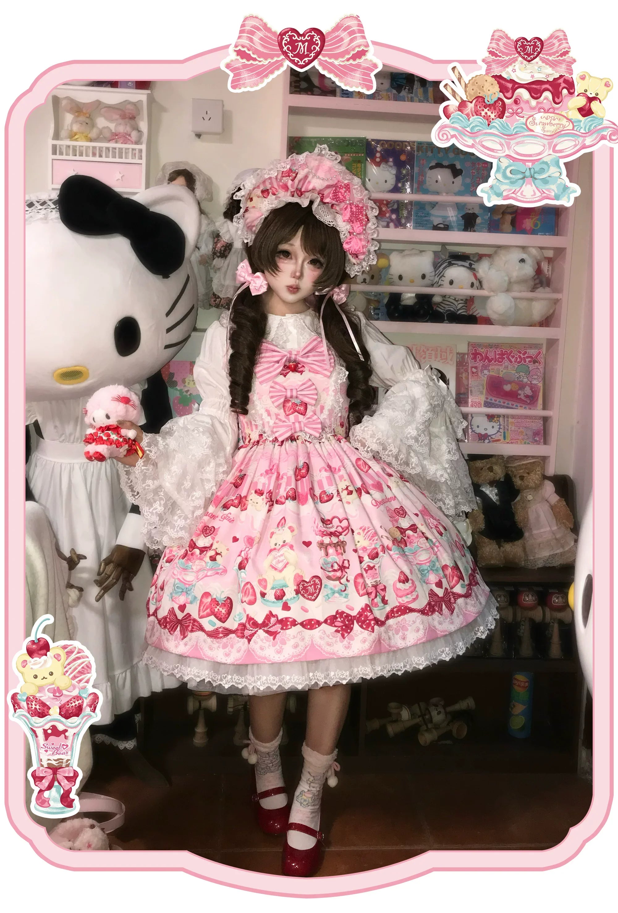 Strawberry Parfait - Strawberry Print Sweet Lolita JSK Dress, Side Pocket and Accessories - image 8