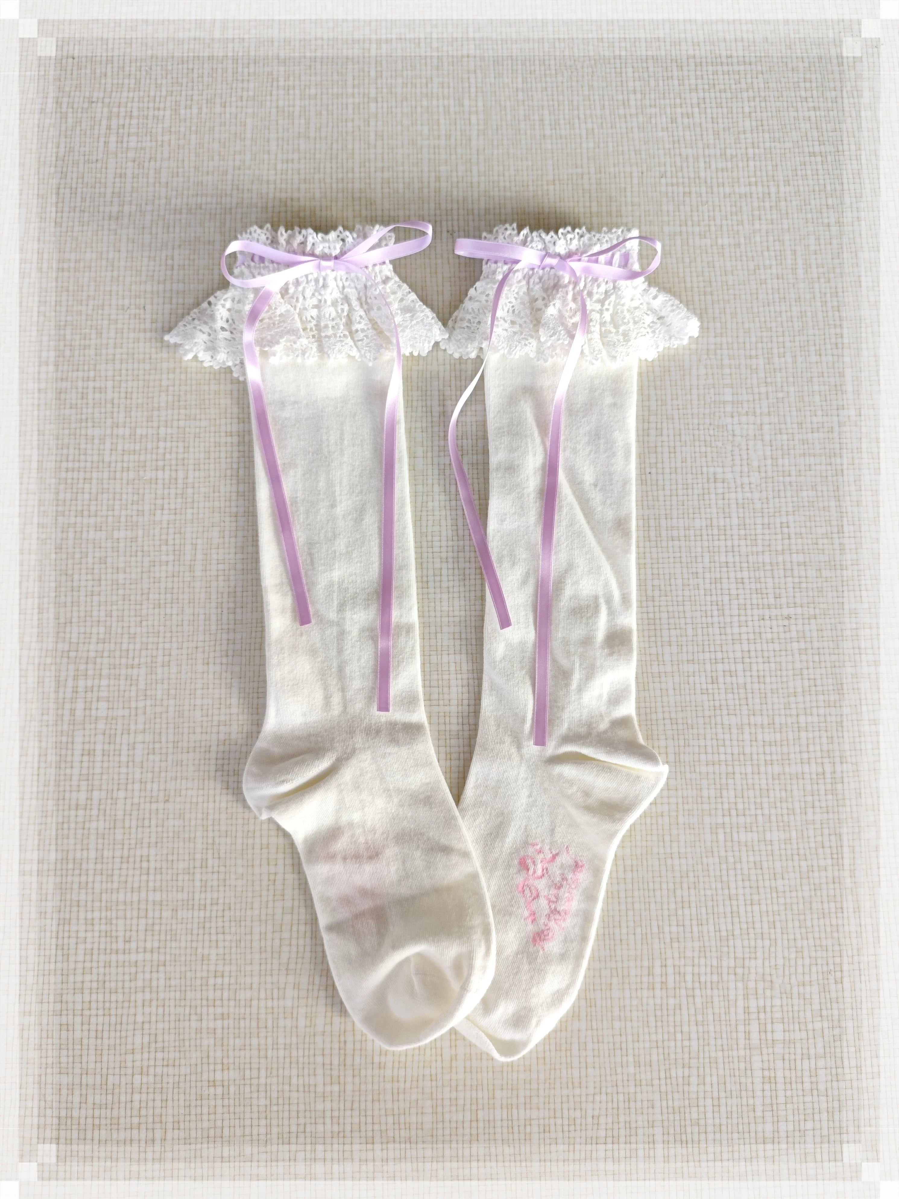 Cotton Old School Lolita White Socks with Colorful Ribbon Bows - image 19
