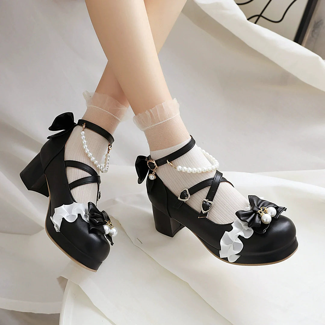 Round Toe Sweet Lolita Shoes, Detachable Pearl Chain - image 1