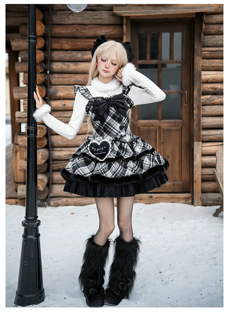 Snow Night Serenade - Fluffy Plaid Kawaii Lolita JSK, Reversible Cape and Accessories - image 14