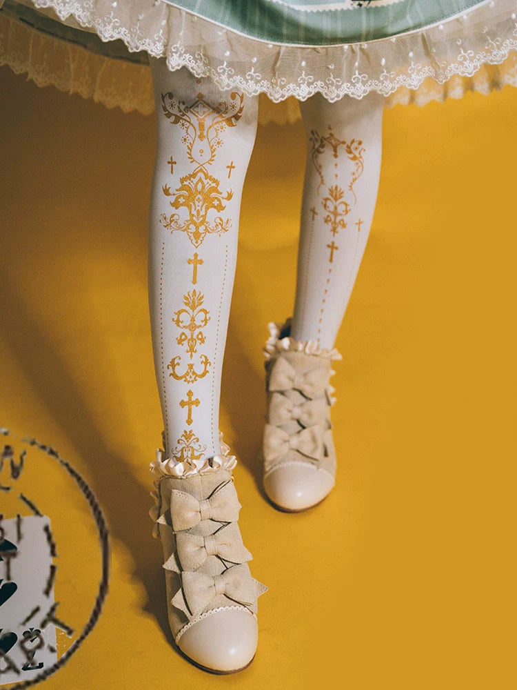 Elegant Lolita Gold Foil Printed Tights - image 6