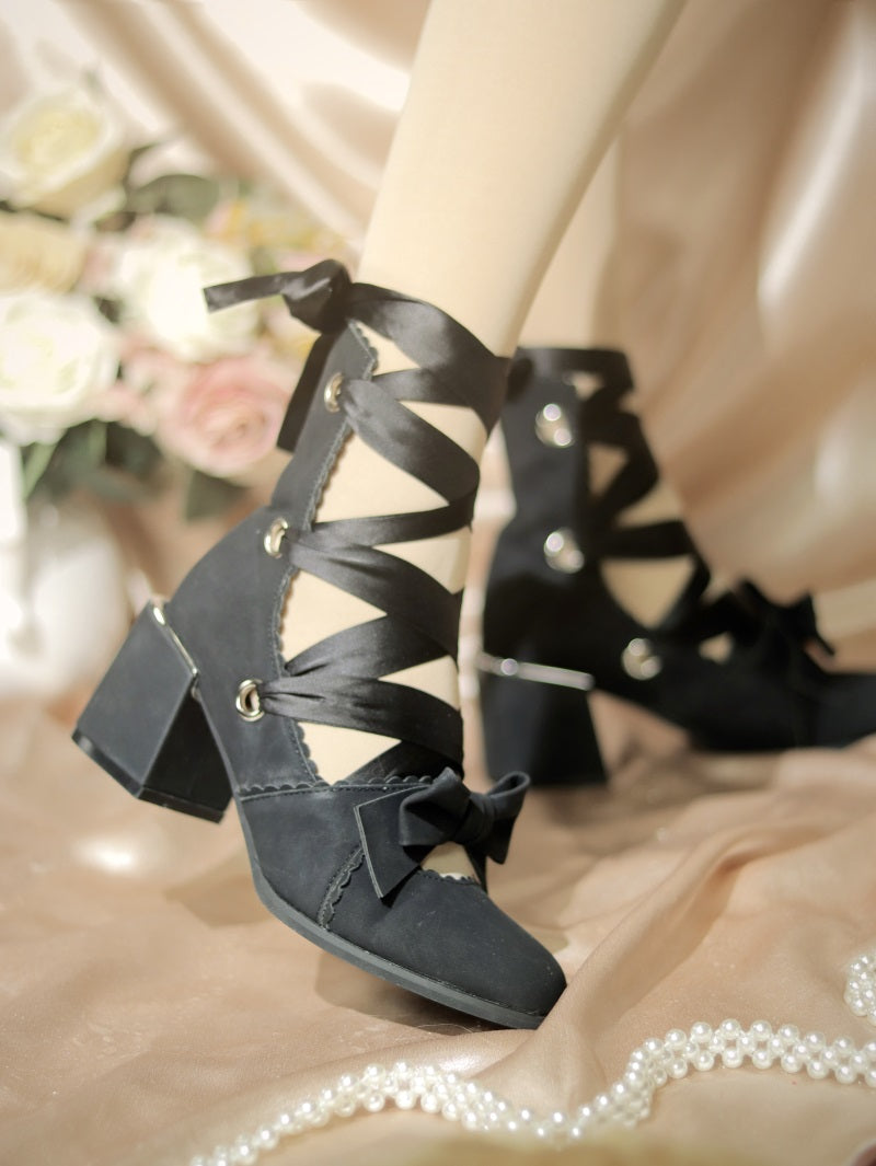 Muse Kiss - Elegant Lolita Shoes Lace-up Bow Heels Round Toe - image 12
