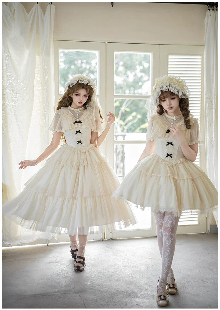White Mist Promise - Classic Lolita Corset OP Set, Edwardian Collar & Tiered Hem - image 16
