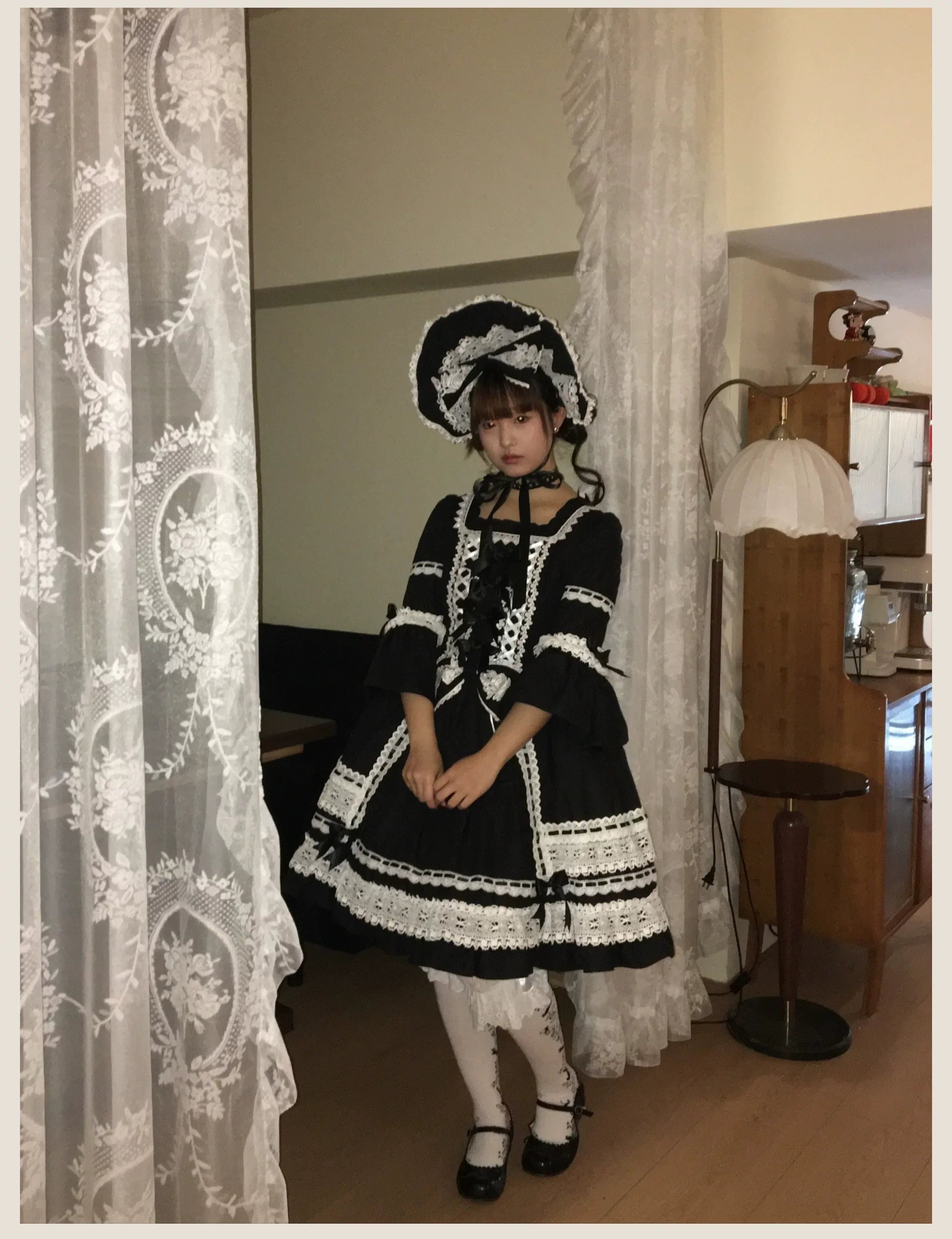 First Otome Black Old School Lolita OP Dress, Lace Details - image 16