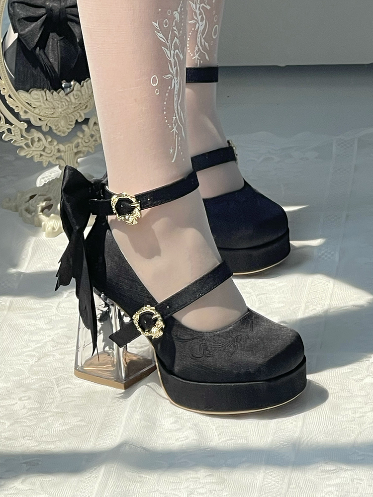 Floating Koi Land - Satin Classic Lolita Platform Shoes with Transparent Heel - image 9