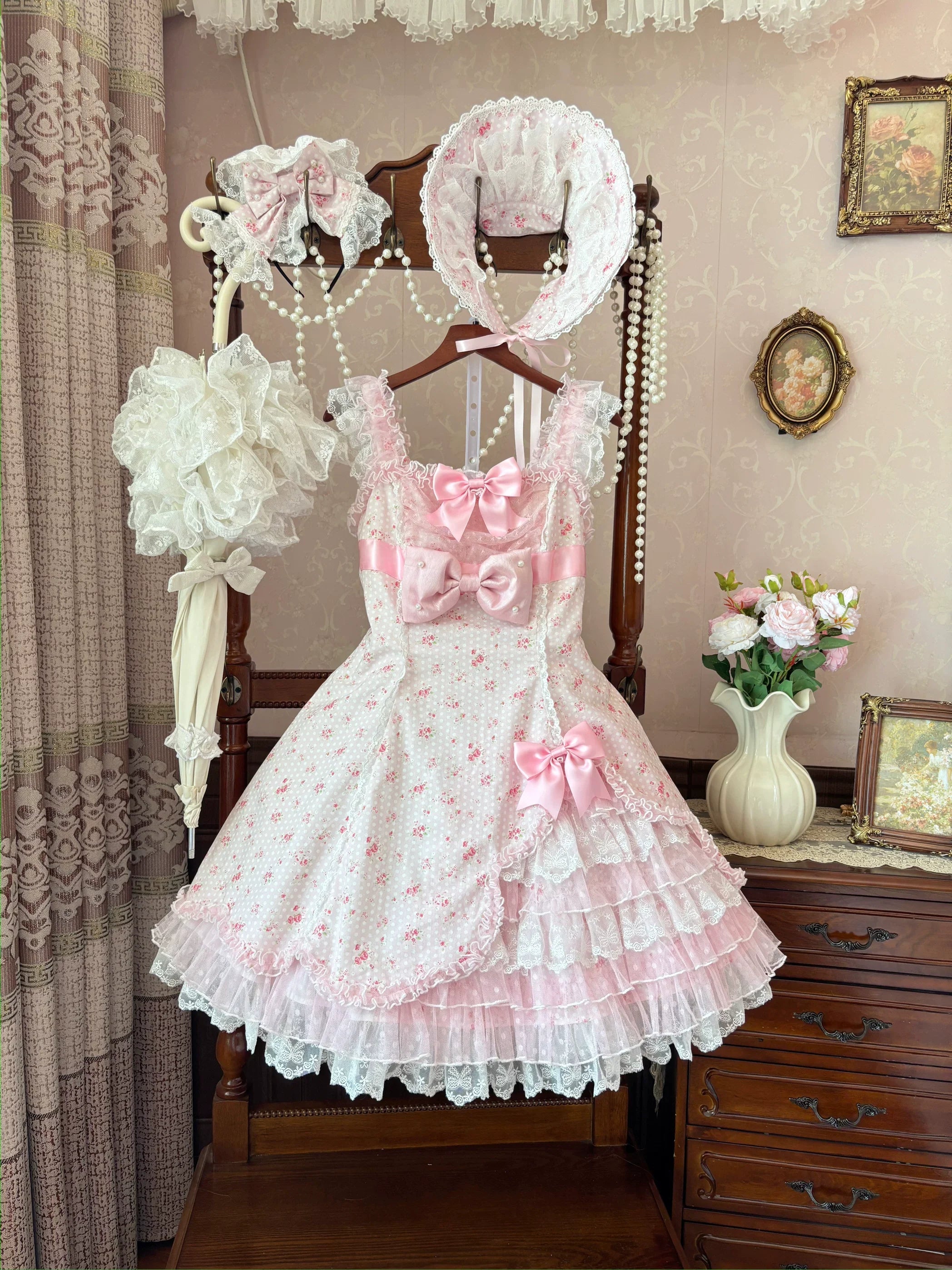 Spring Bud - Old School Lolita Floral Print JSK Dress, Layered Skirt and Accessories - image 2