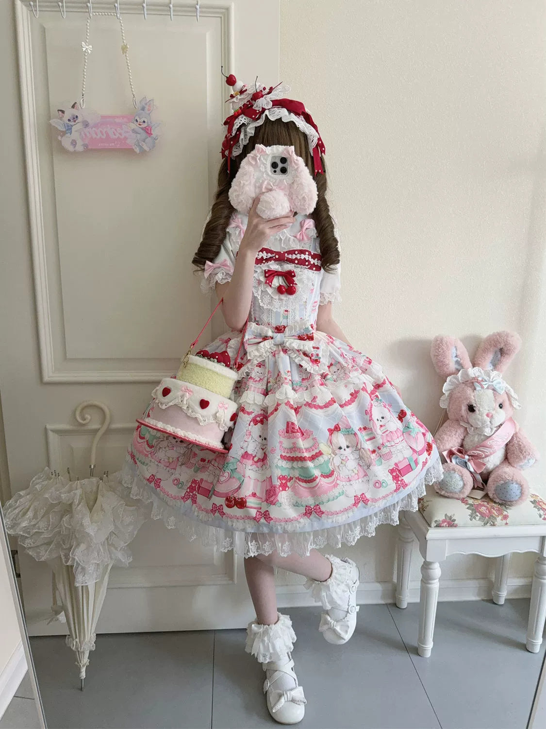 Cherry Bake Song - Kawaii Lolita JSK Dress With Dessert Print & Cherry Bow - image 20