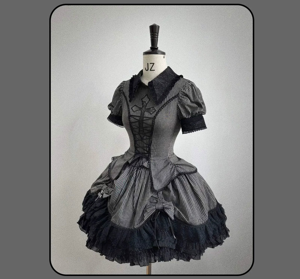 Striped Cross - Gothic Coordinated Lolita Set, Adjustable Blouse & Skirt - image 22
