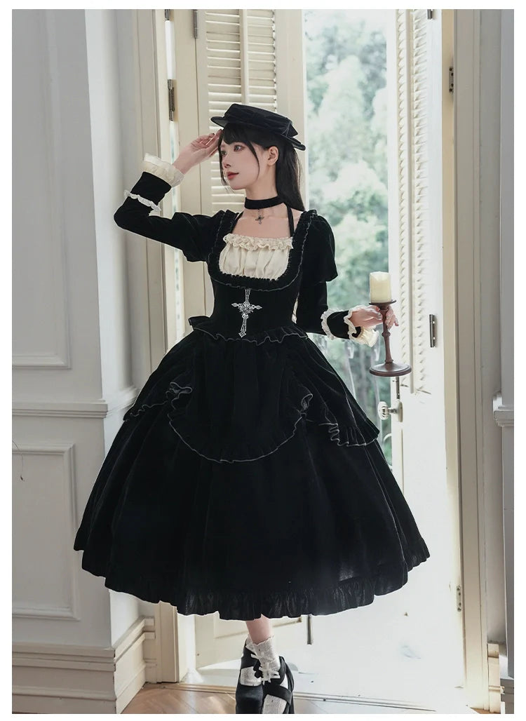 Apocalypse - Gothic Lolita Velvet OP Dress Set, Fishbone Waist - image 24