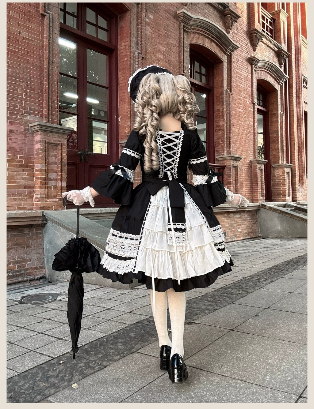 First Otome Black Old School Lolita OP Dress, Lace Details - image 2