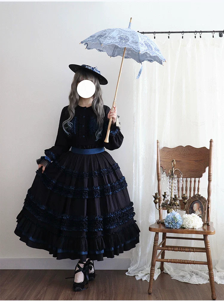 Wings and Bouquet - Dark Classic Lolita Blouse and SK Set, Layered Blue Ruffles - image 12