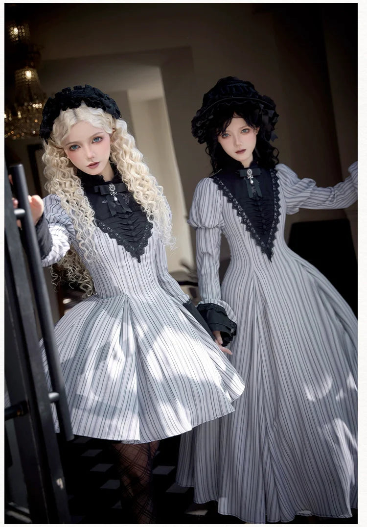 Nocturne SP - Striped Gothic Lolita OP Twin Lolita Dress with Apron and Accessories - image 9