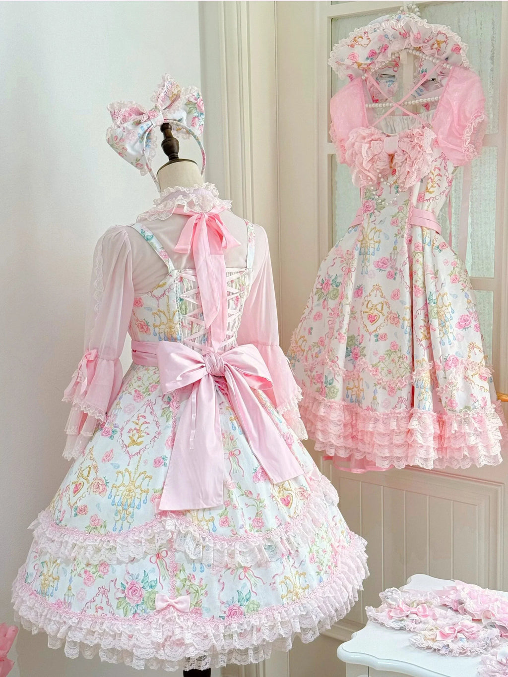 Spring 2025 Vintage Flower Wall Chandelier Rose Print Sweet Lolita JSK Dress and Accessories - image 8