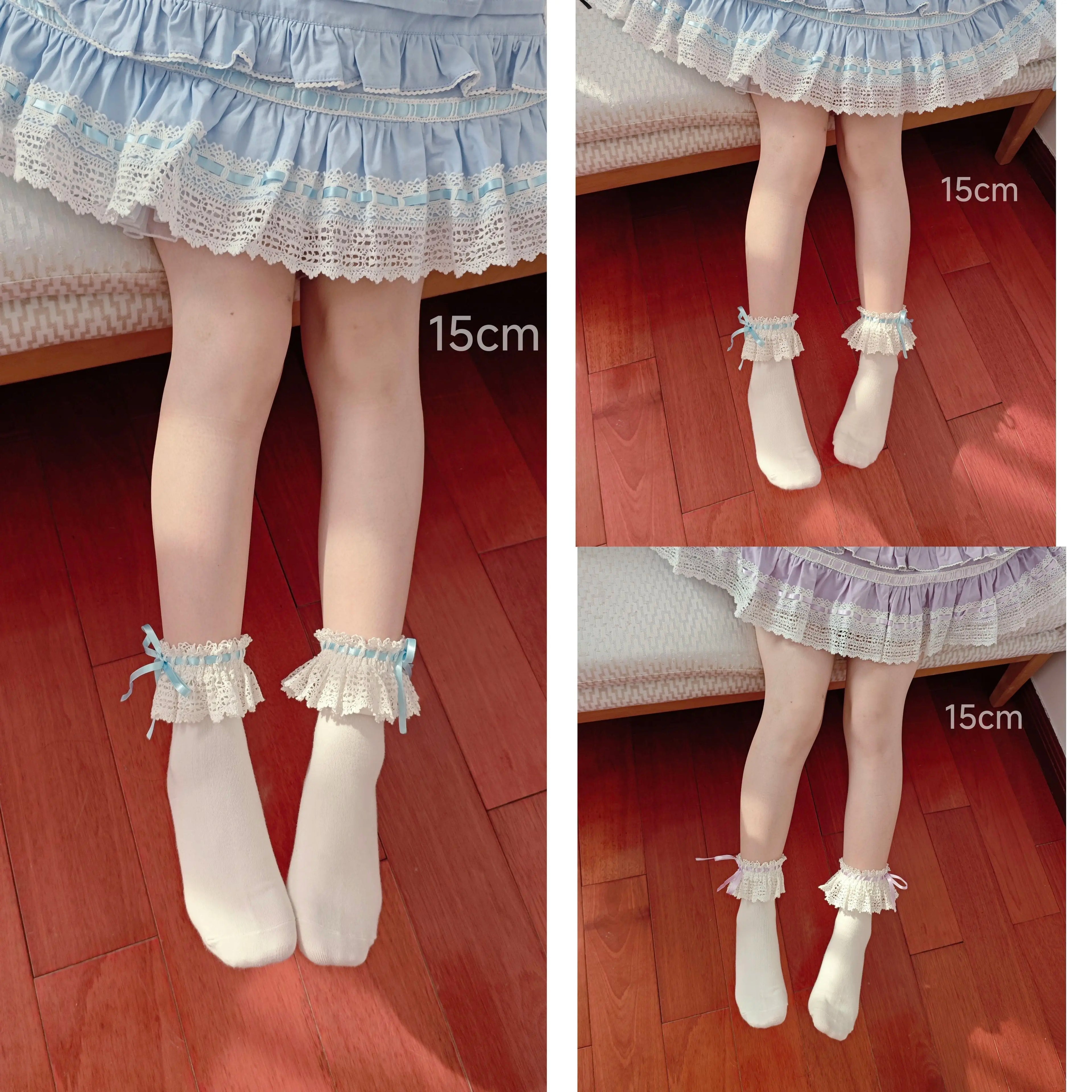 Cotton Old School Lolita White Socks with Colorful Ribbon Bows - image 5