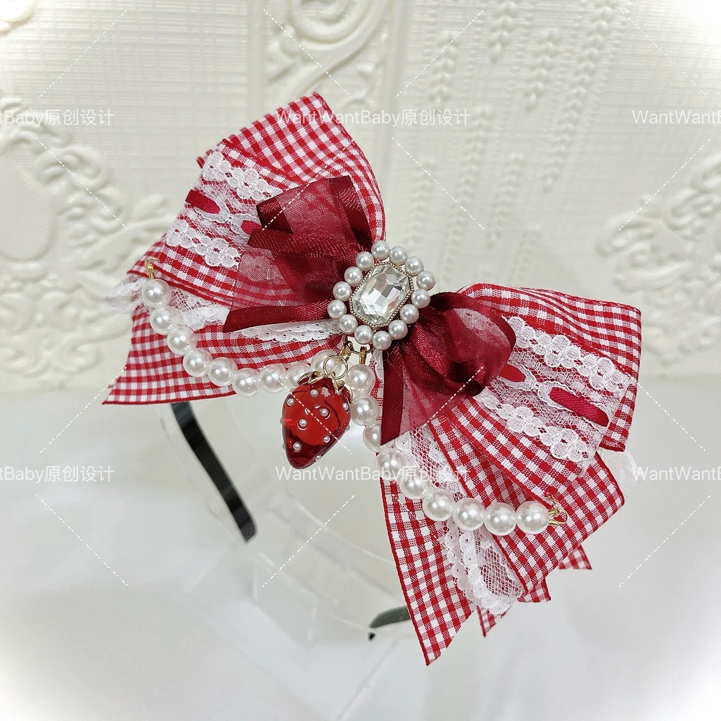 Plaid Strawberry Adjustable Bow Lolita Headband - image 5