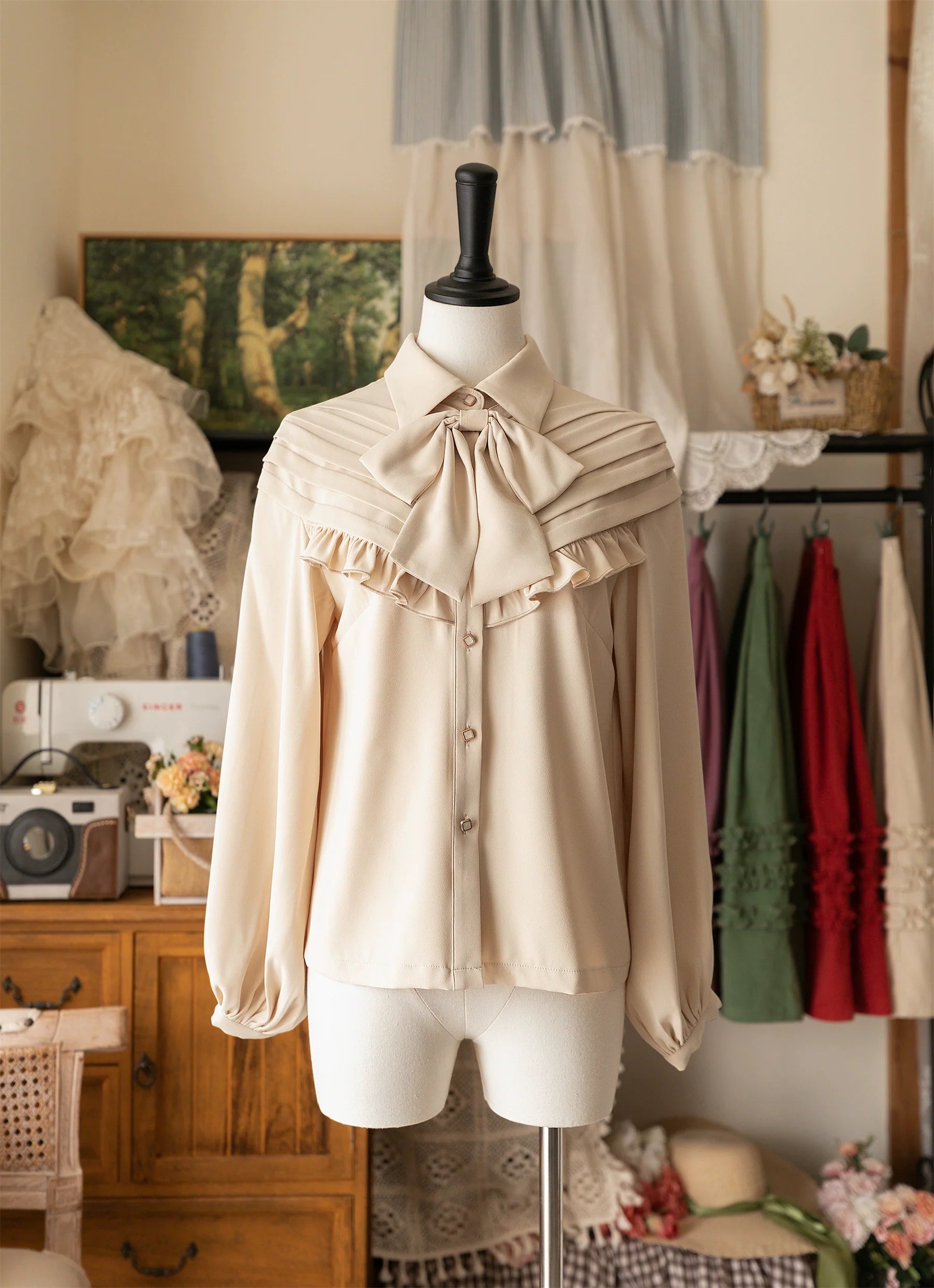 Forest Basket Elegant Lolita Blouse with Vintage Bow Tie - image 4