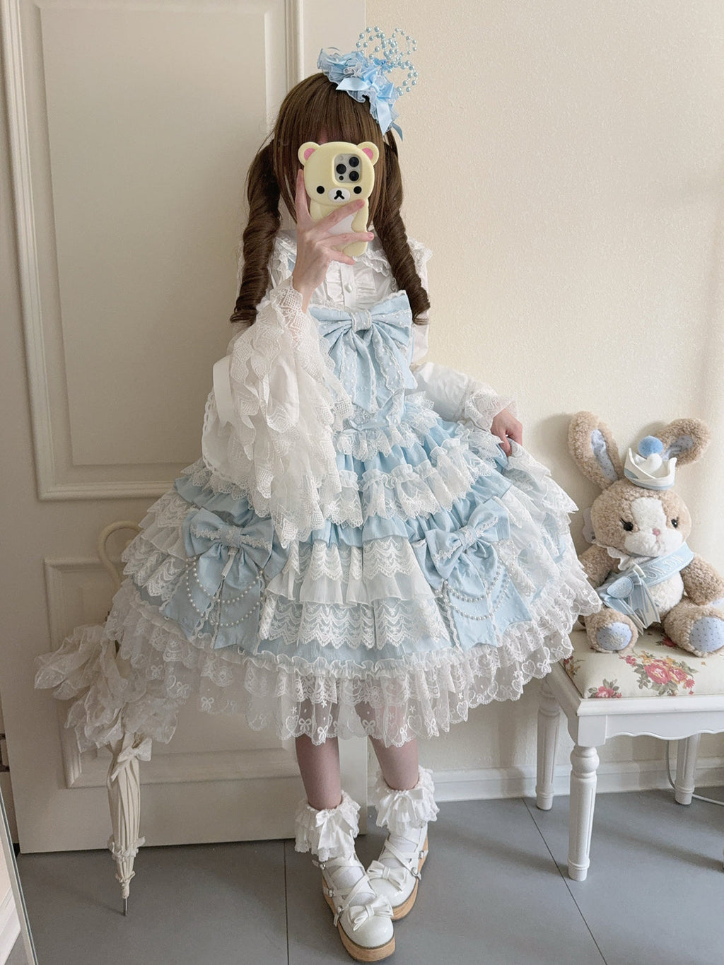 Cross Heart Knot - Sweet Lolita JSK Suit Tiered Ruffles Dress with Lace Blouse - image 13