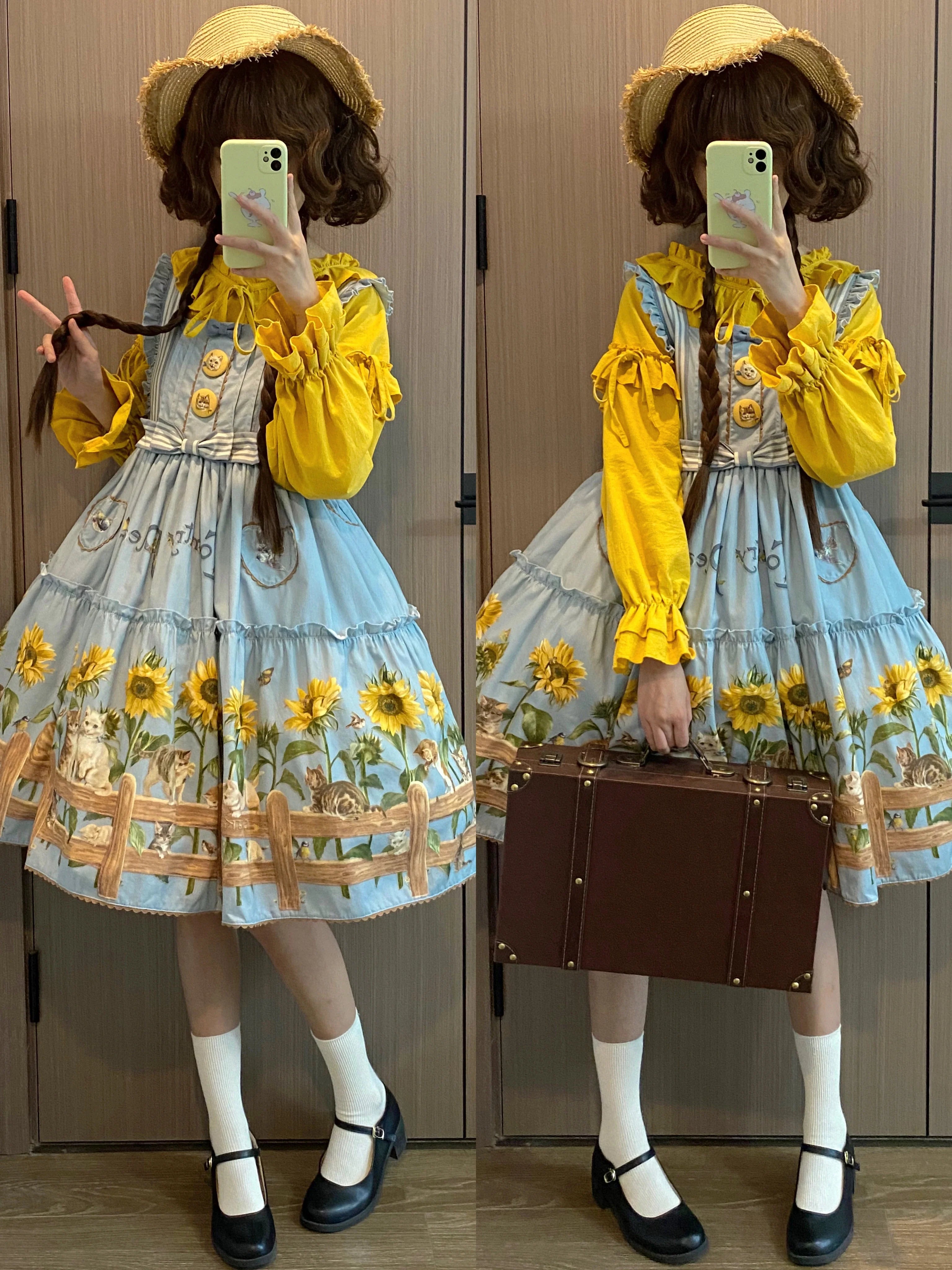 Cat and Sunflower - Sweet Lolita JSK, Cat and Sunflower Print - image 7
