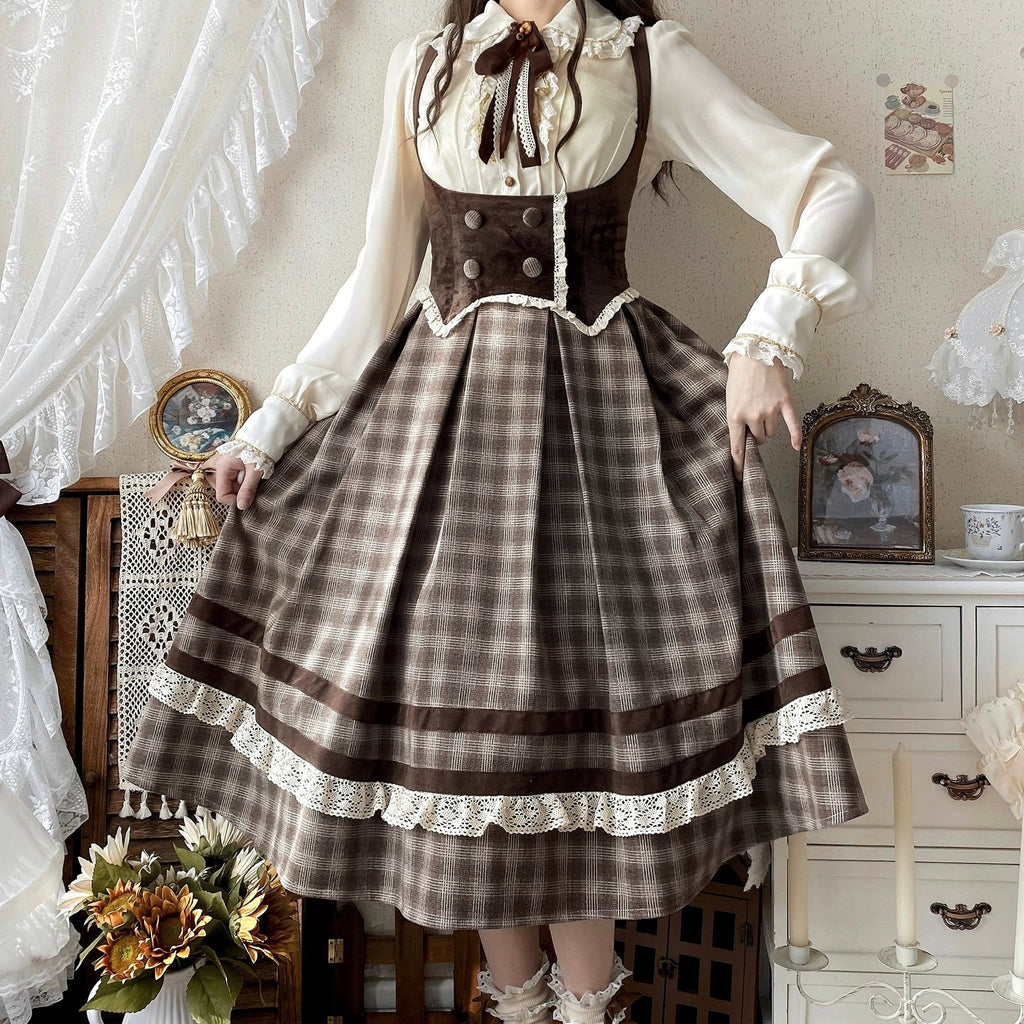 Chestnut Autumn - Plaid Classic Lolita JSK, Bust Supporting and Accessories - image 3