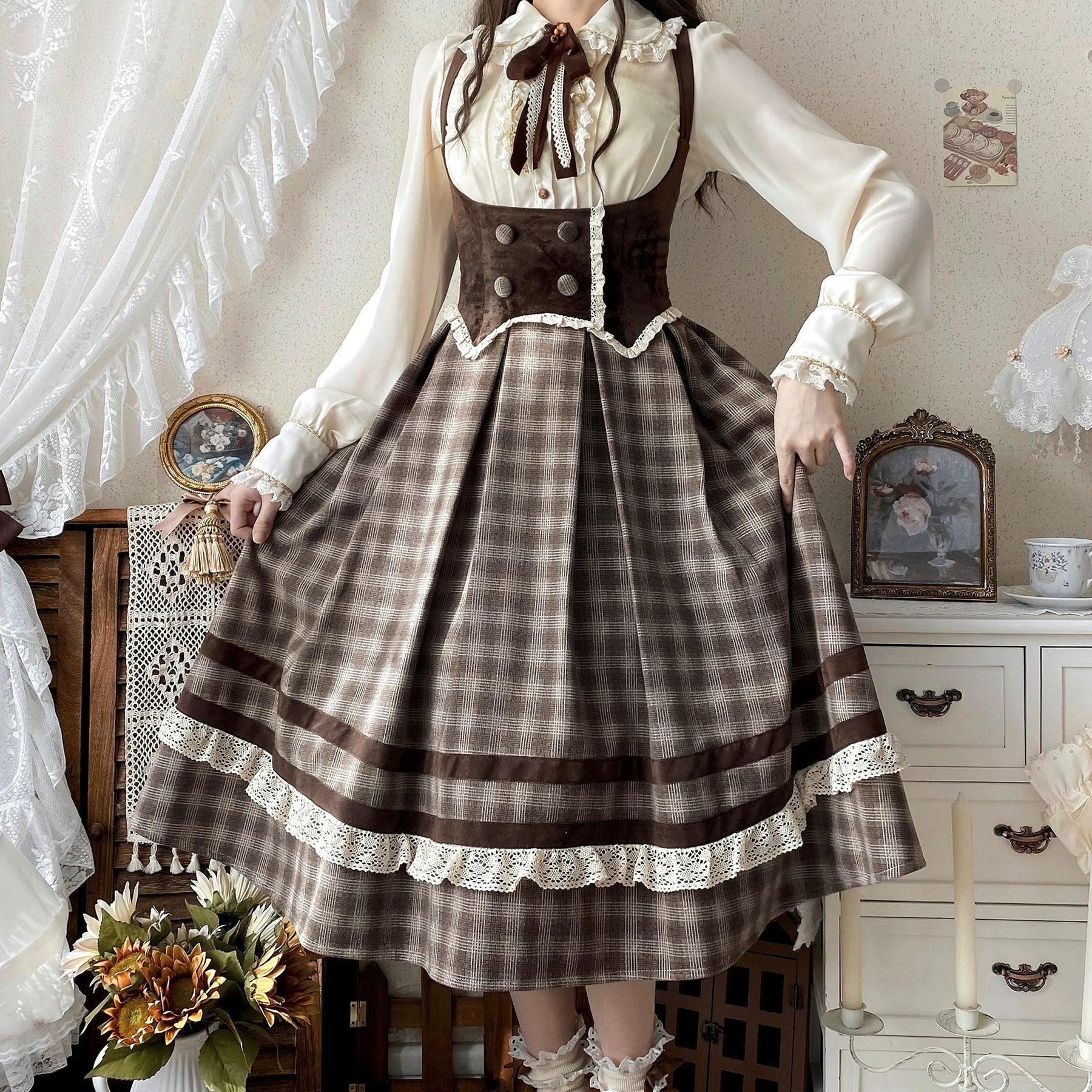 Chestnut Autumn - Plaid Classic Lolita JSK, Bust Supporting and Accessories - image 3