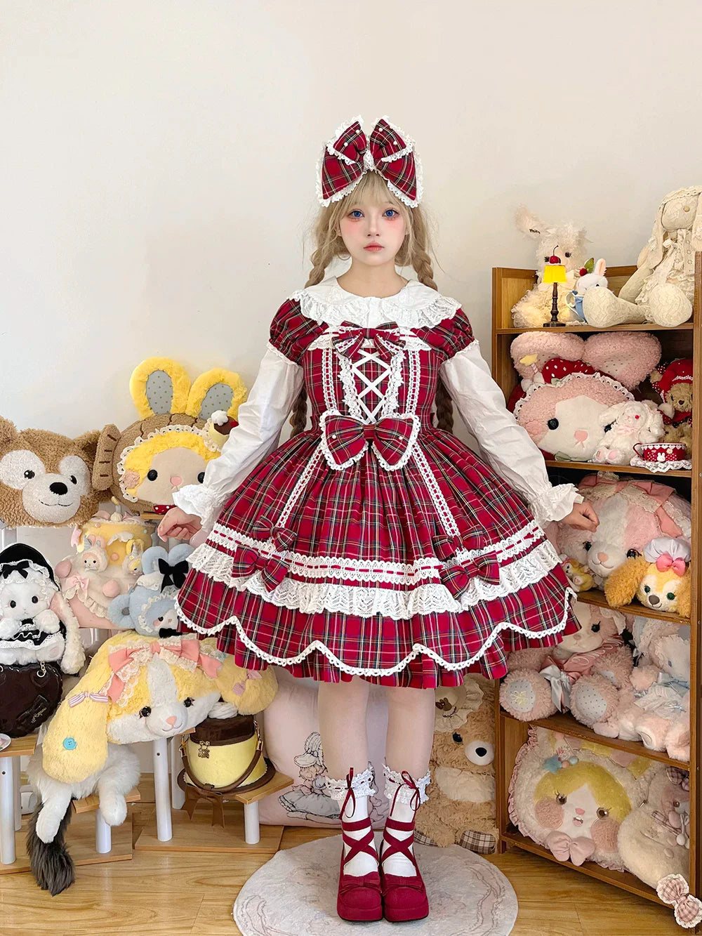 Plaid Petal Bunny - Old School Lolita Plaid OP Dress, Petal-shaped Hem - image 15
