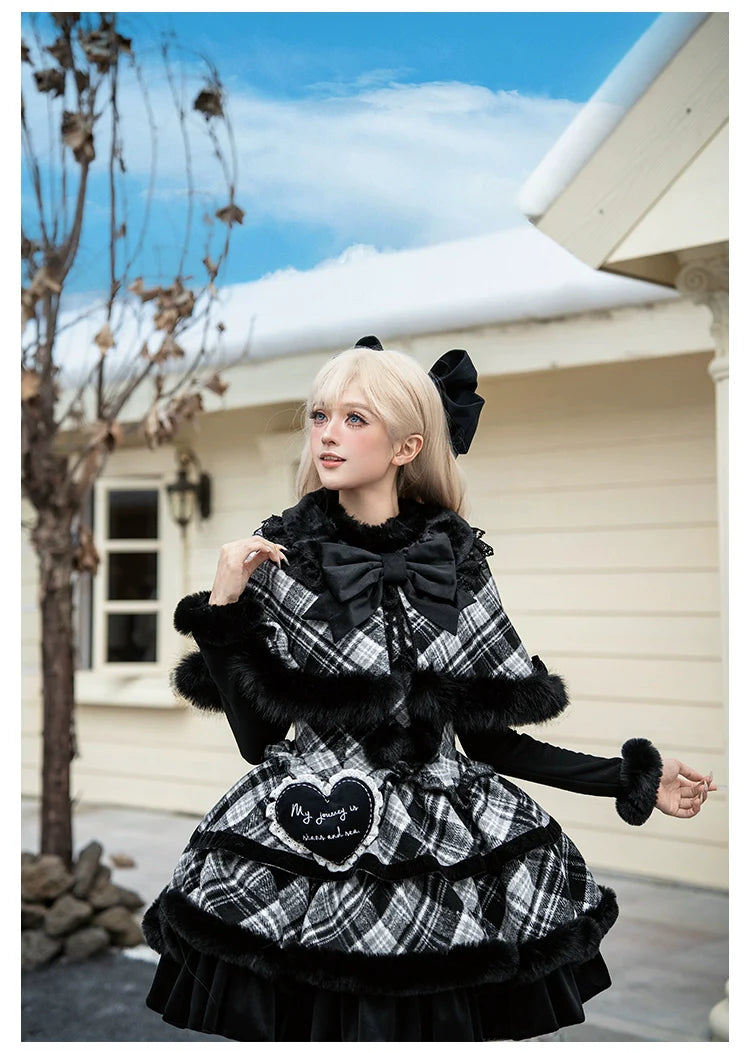 Snow Night Serenade - Fluffy Plaid Kawaii Lolita JSK, Reversible Cape and Accessories - image 11