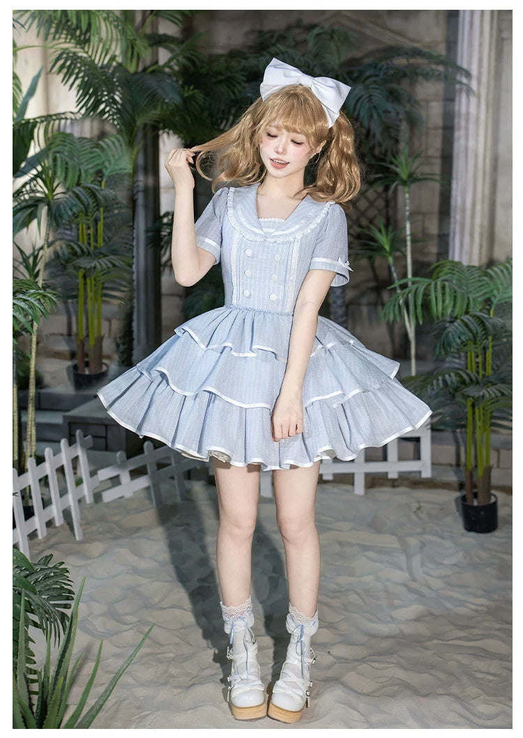 Seven-Day Bell - Blue Classic Lolita Striped OP Dress, Sailor Collar - image 24