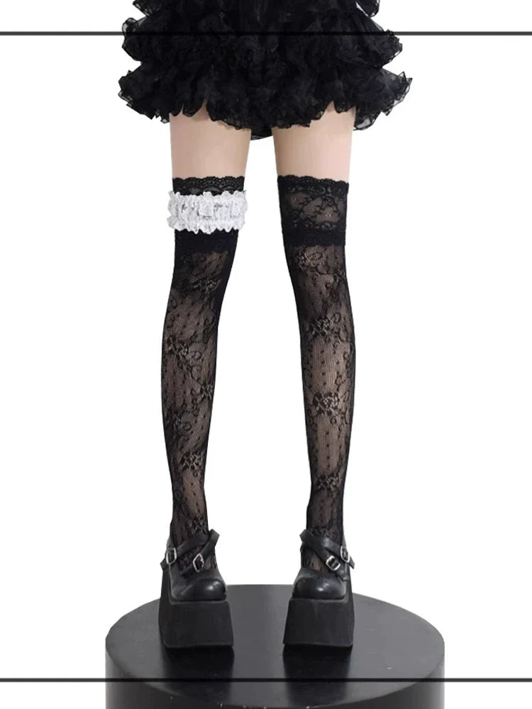 Wuxiaoliu Gothic Lolita Lace Stockings with Bow Garter - image 1