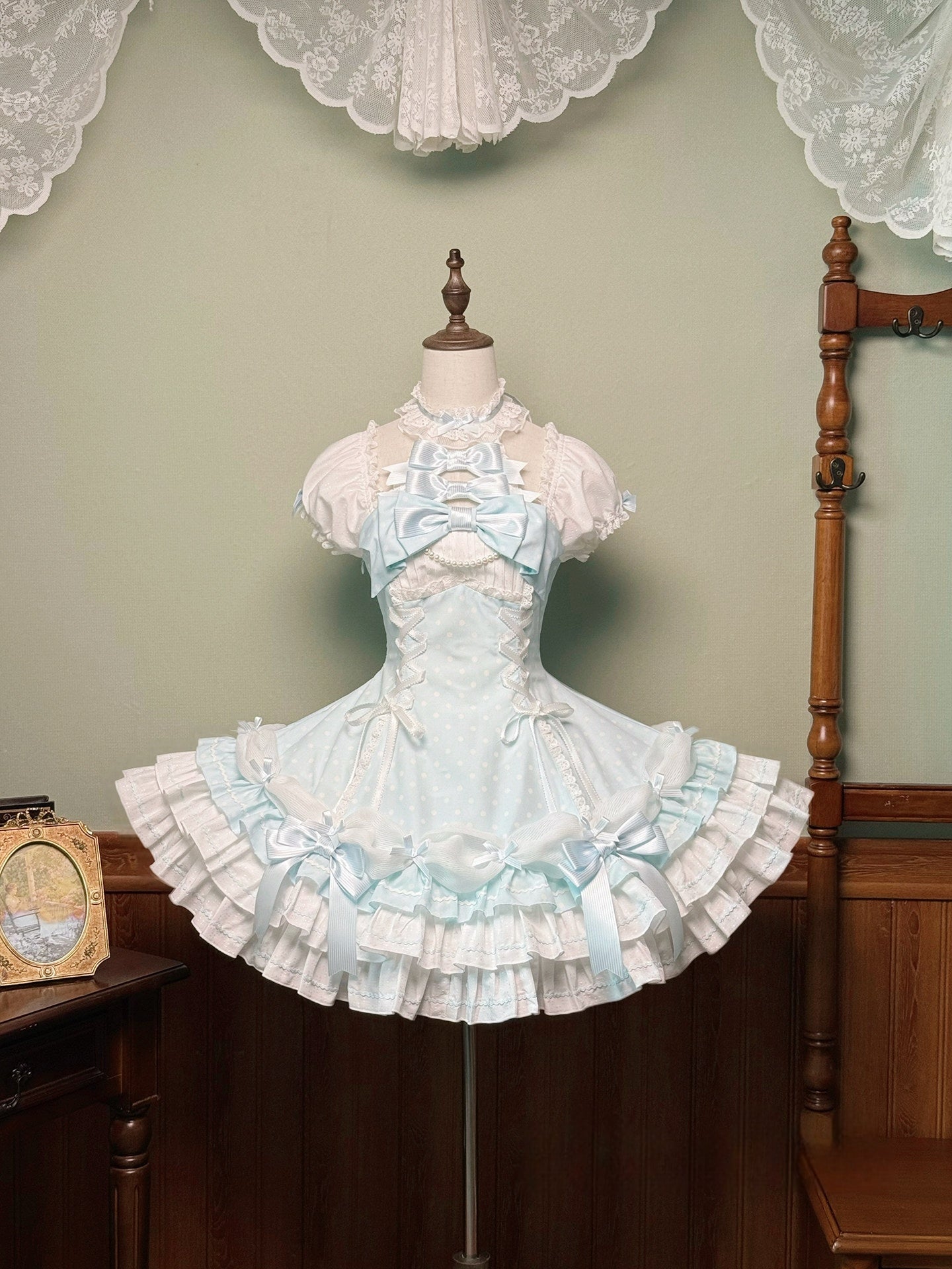 Vintage Polka Dot Lolita Halter Blue OP Dress and Accessories - image 10