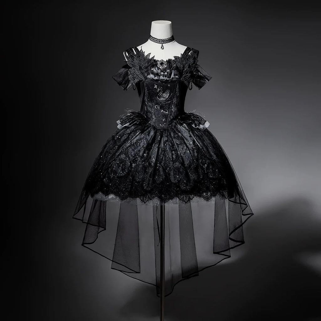 Star Swan Dream - Black Gothic Lolita JSK Dress, Swan Embroidery - image 2