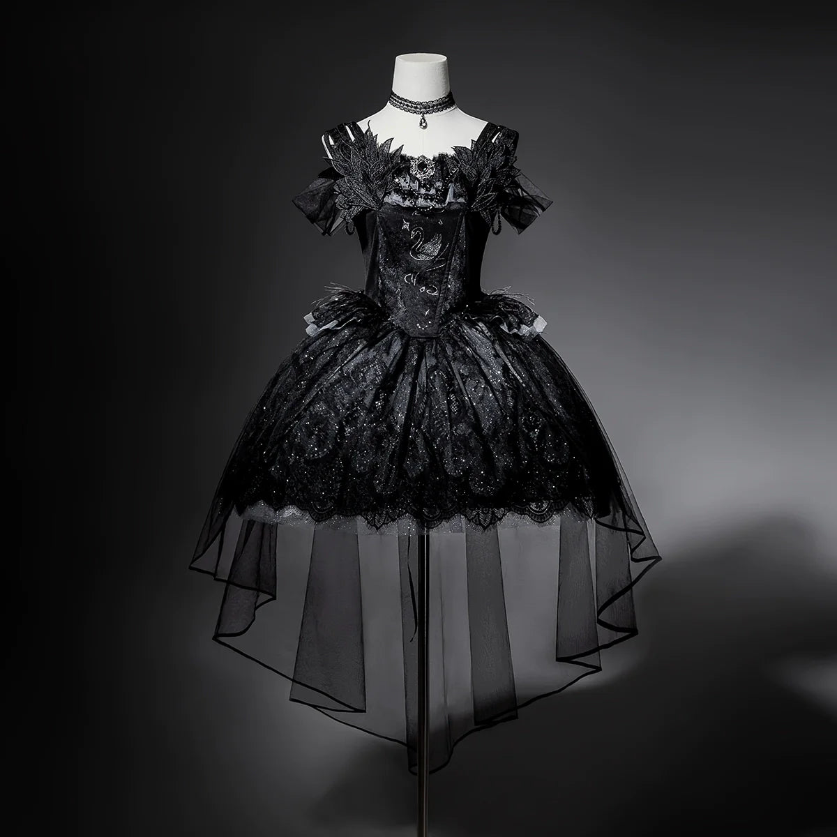 Star Swan Dream - Black Gothic Lolita JSK Dress, Swan Embroidery - image 2