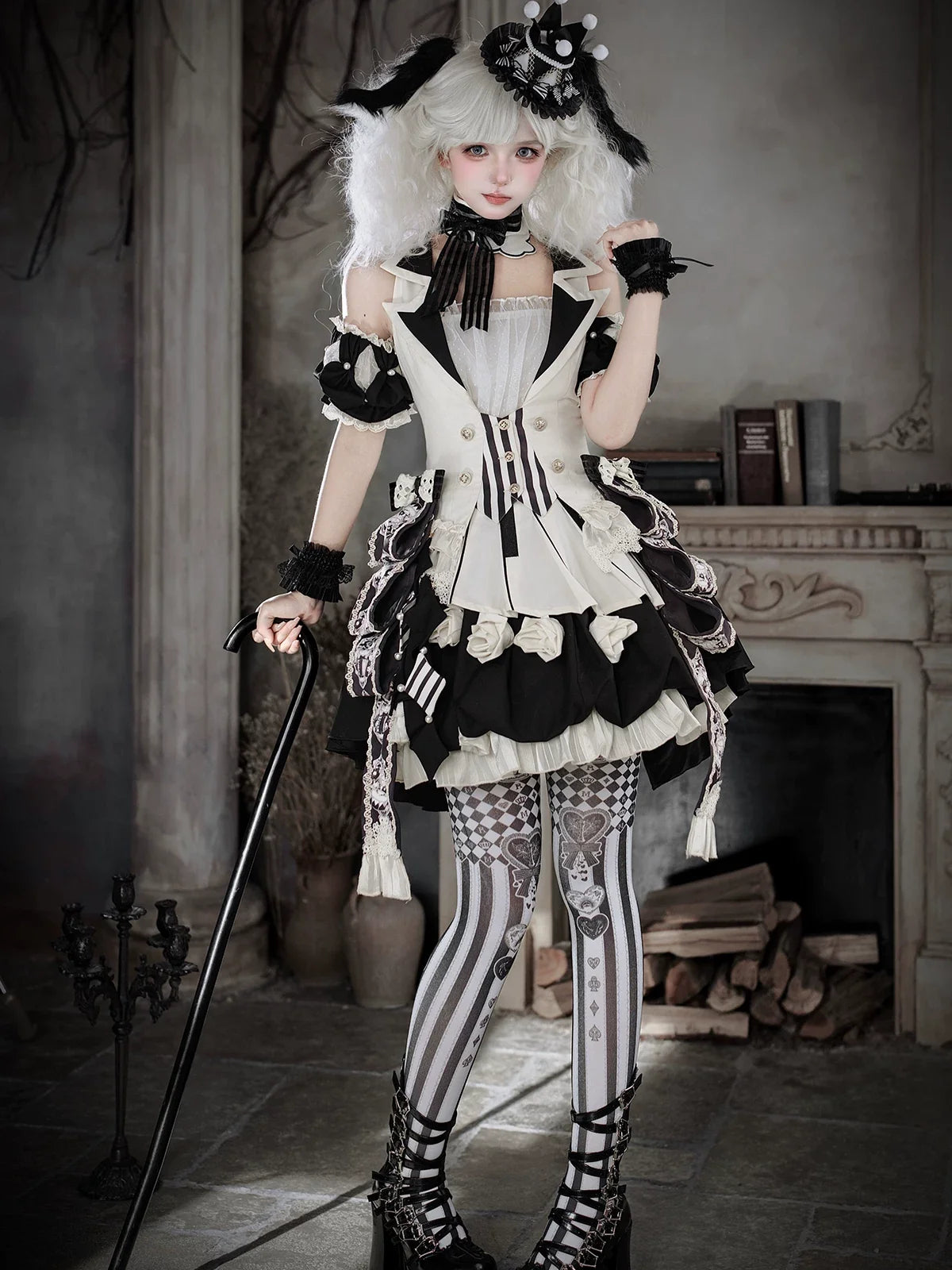 Black Candy Cane Stripe Circus Gothic Lolita Vest Skirt Full Set - image 2