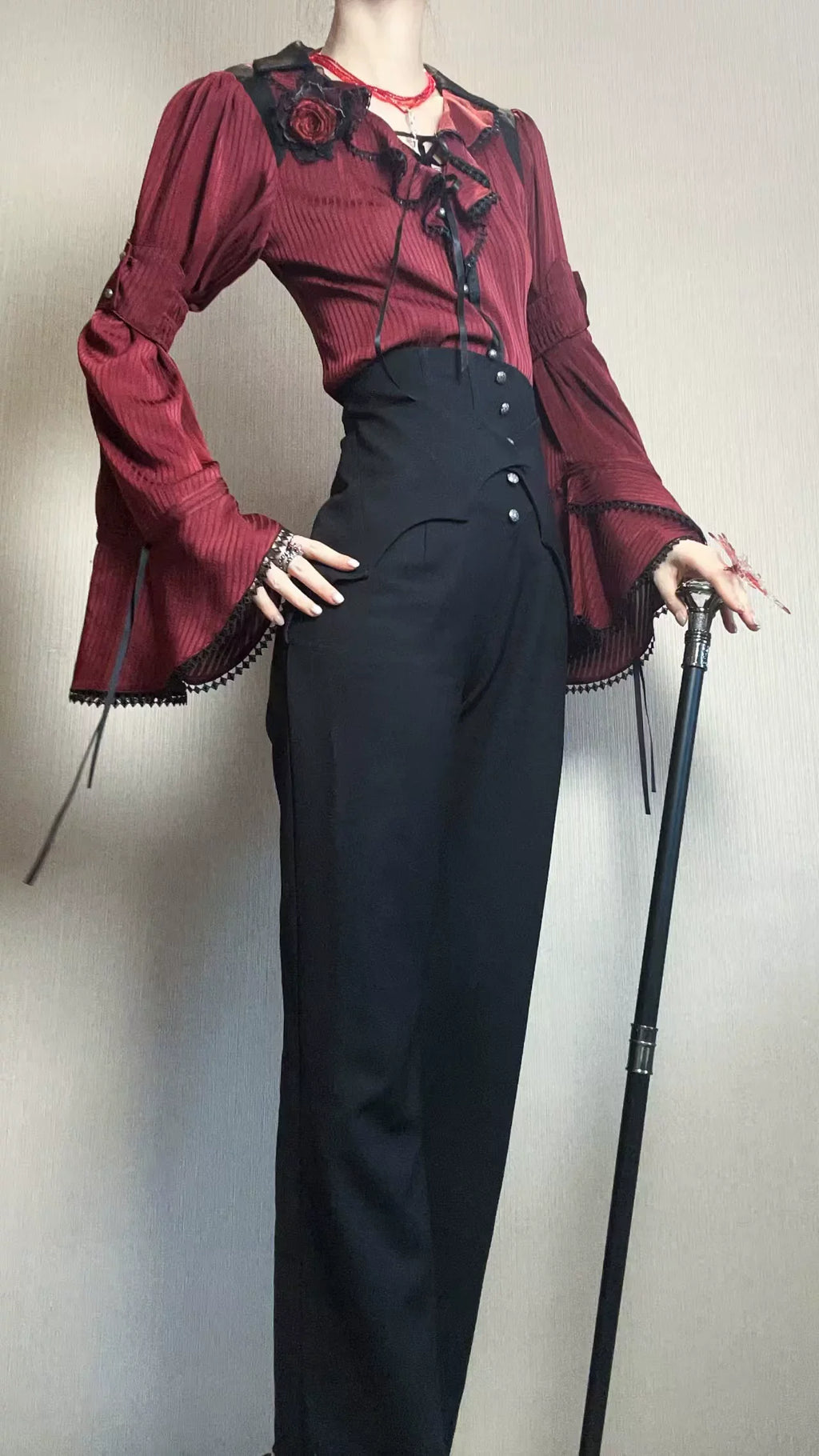 Earl of Drooping Wings - Ouji Lolita Flared Pants, Batwing Decoration - image 18