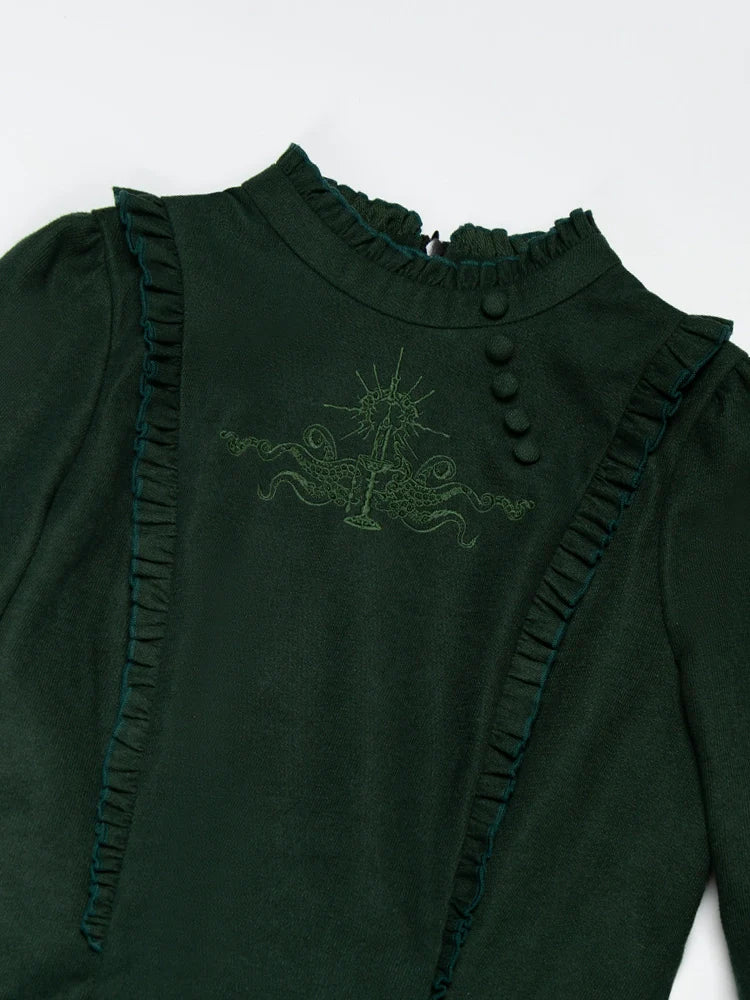 Abyss Clinic - Gothic Lolita Green Dress Set, Embroidery Accent - image 11