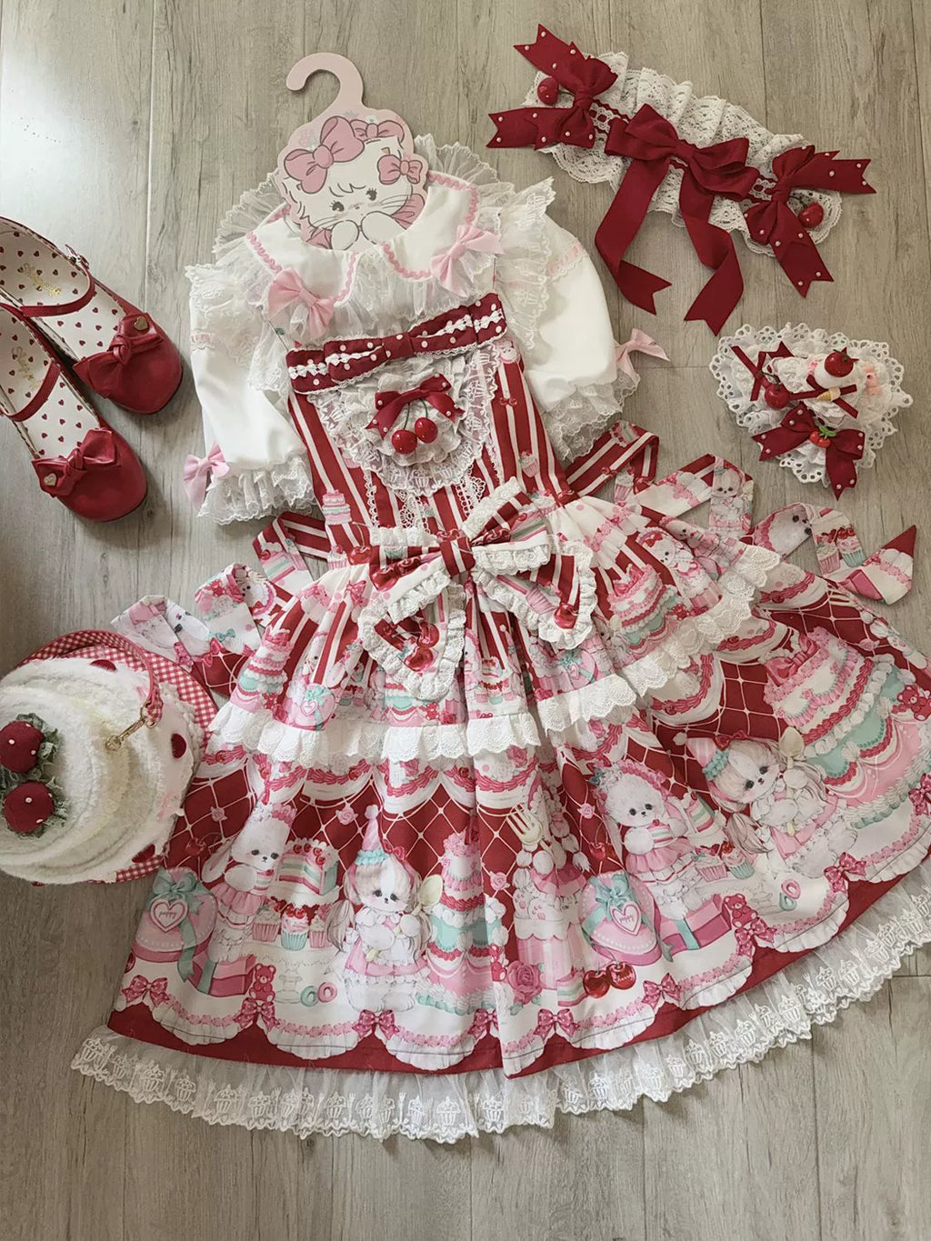 Cherry Bake Song - Kawaii Lolita JSK Dress With Dessert Print & Cherry Bow - image 21