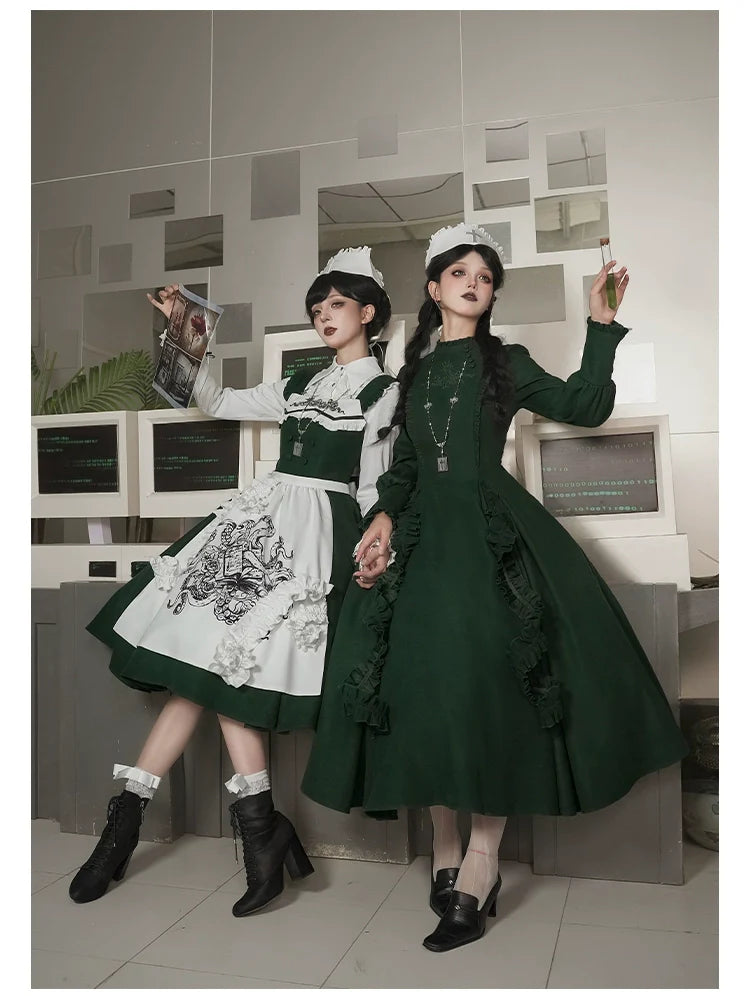 Abyss Clinic - Gothic Lolita Green Dress Set, Embroidery Accent - image 15