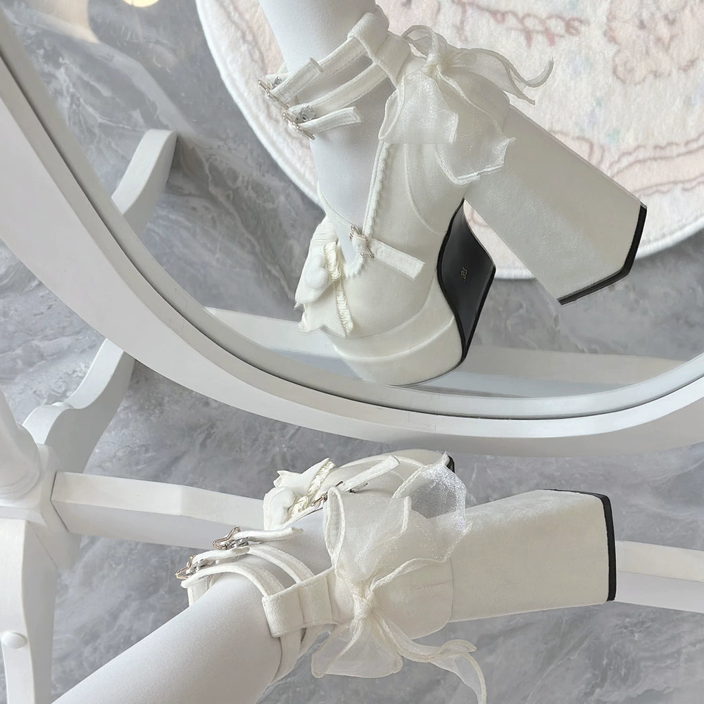 Puff Party - Elegant Lolita Chunky Heel Shoes with Bows and Straps - image 15