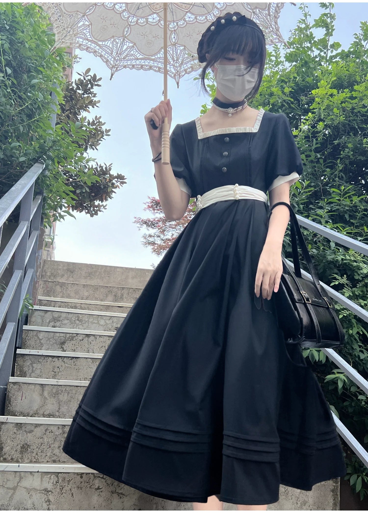 Thoughts - Vintage Black Lolita OP Dress with Square Neckline - image 30