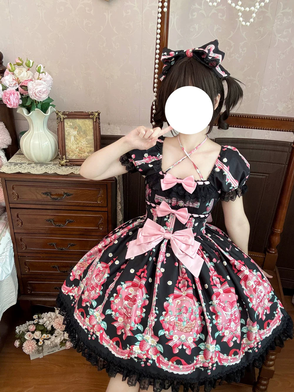 Strawberry Chef - Printed Old School Lolita OP and Accessories - image 14