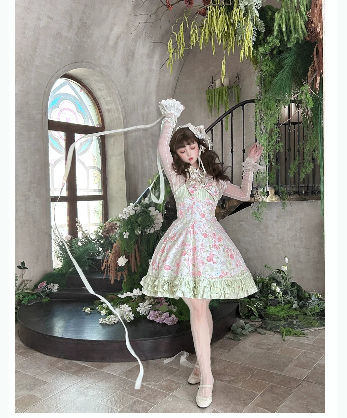 Rose Spring Romance Pink Green Floral Classic Lolita JSK Dress - image 3