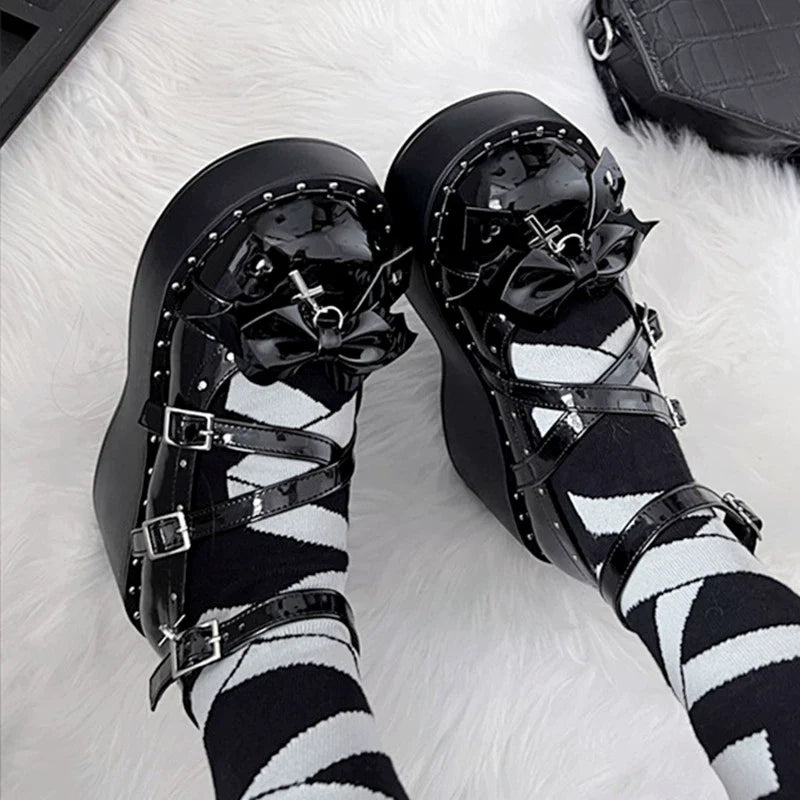 Devil Cross - Punk Lolita Shoes Cross High Platforms Shoes - image 9