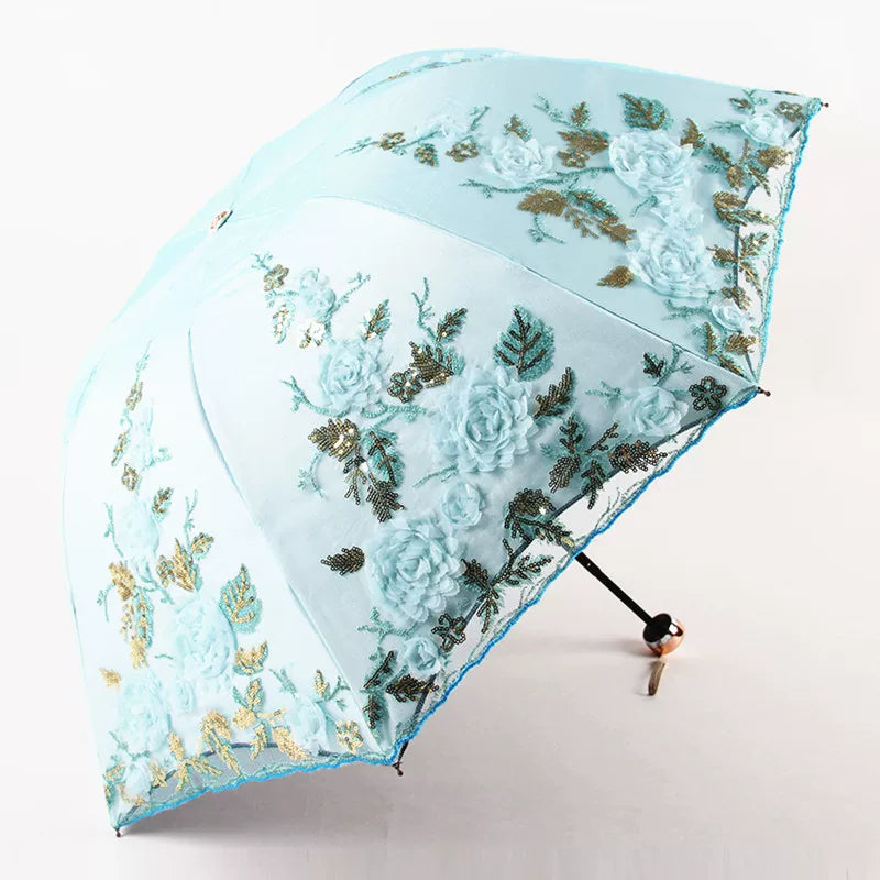 Foldable Lolita Parasol, Floral and Embroidery Detail - image 6