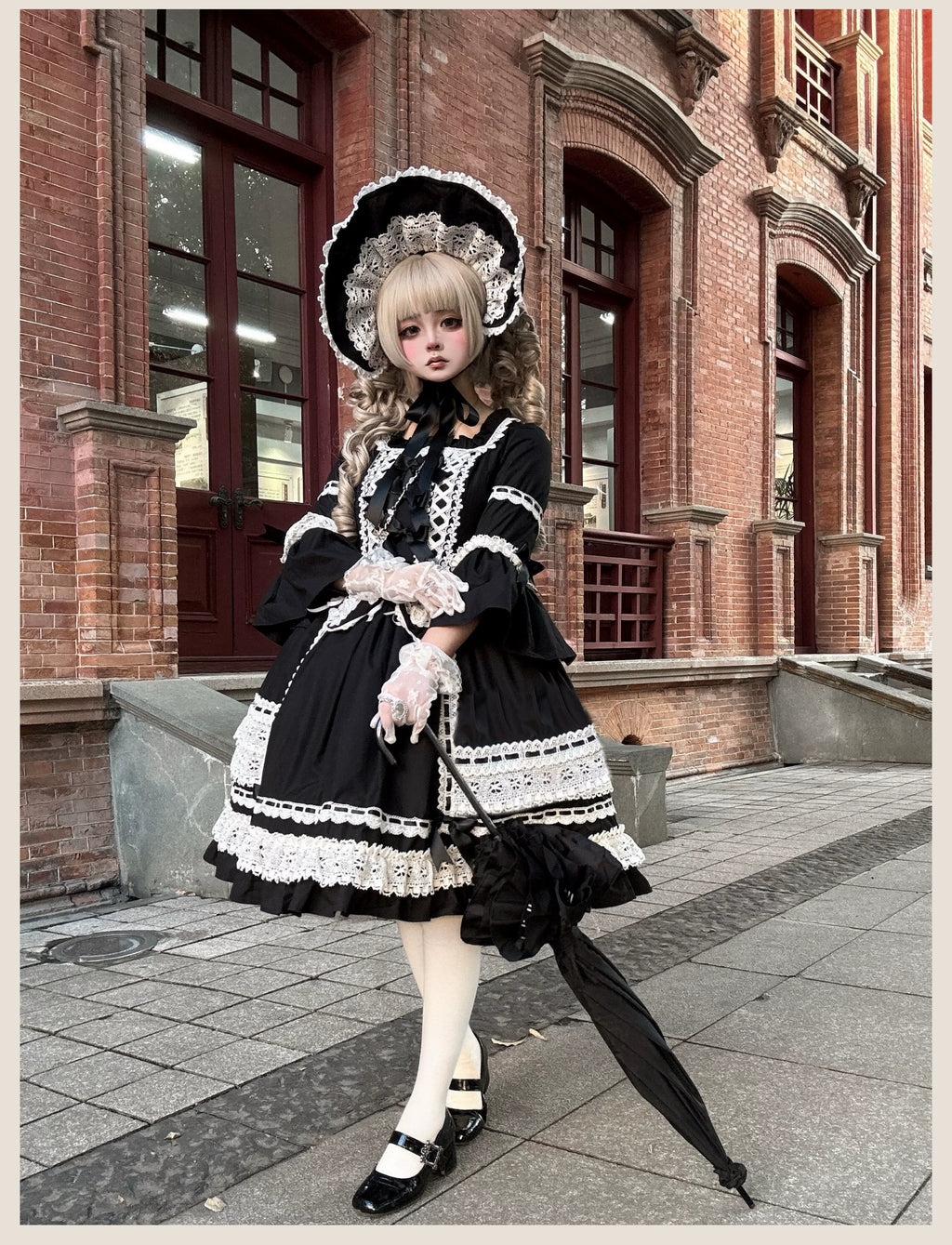 First Otome Black Old School Lolita OP Dress, Lace Details - image 11